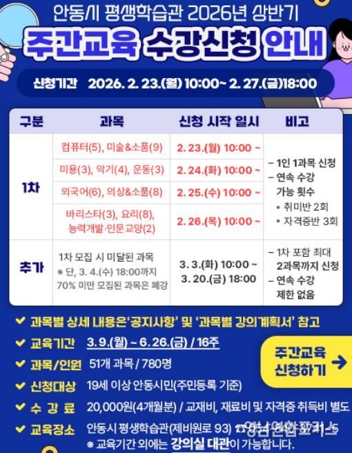 안동시 평생학습관, 상반기 주간교육 수강생 모집